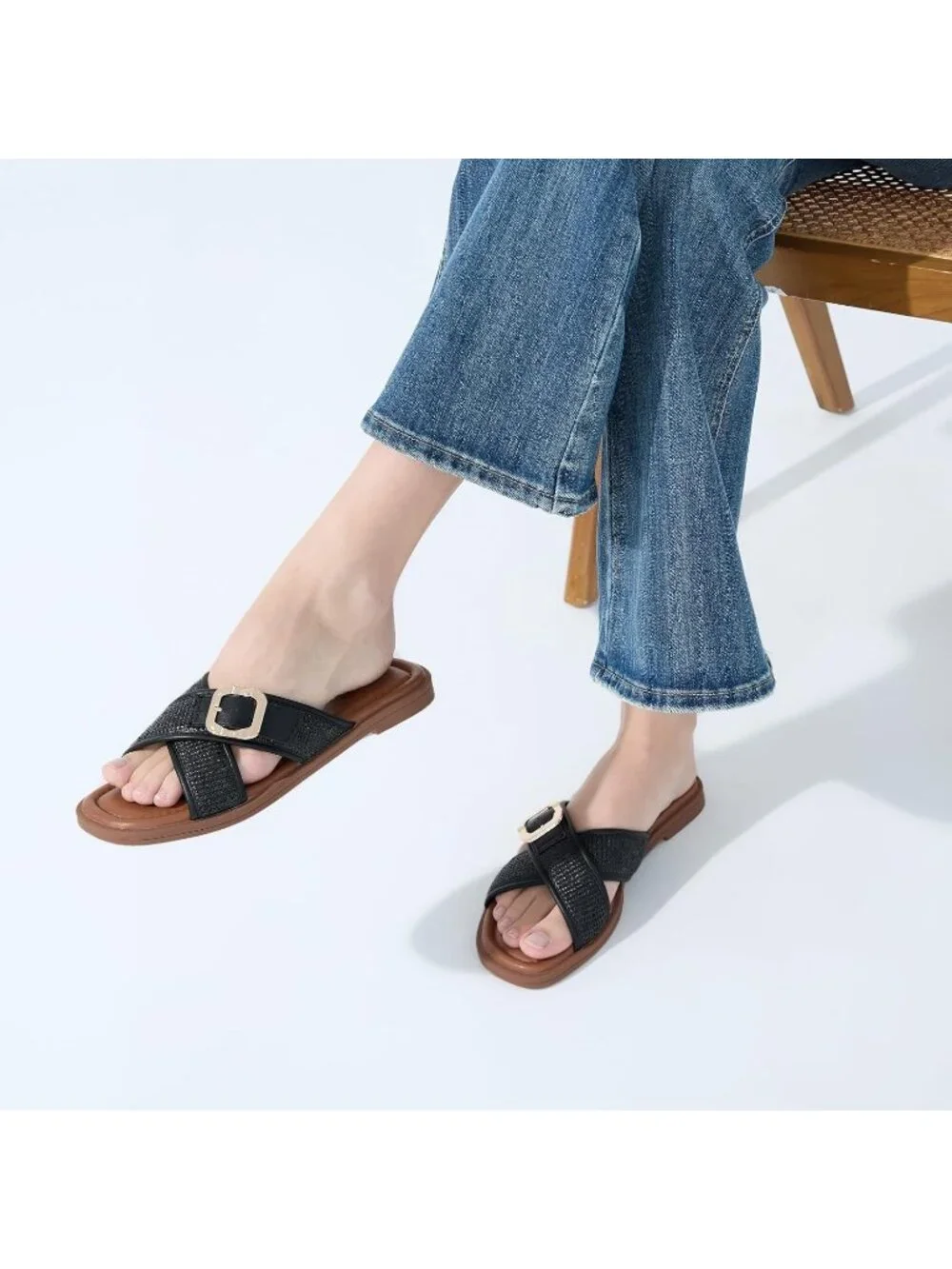 Women's Dark Black Square Toe Flat Sandals Slides Dressy Comfortable for Beach